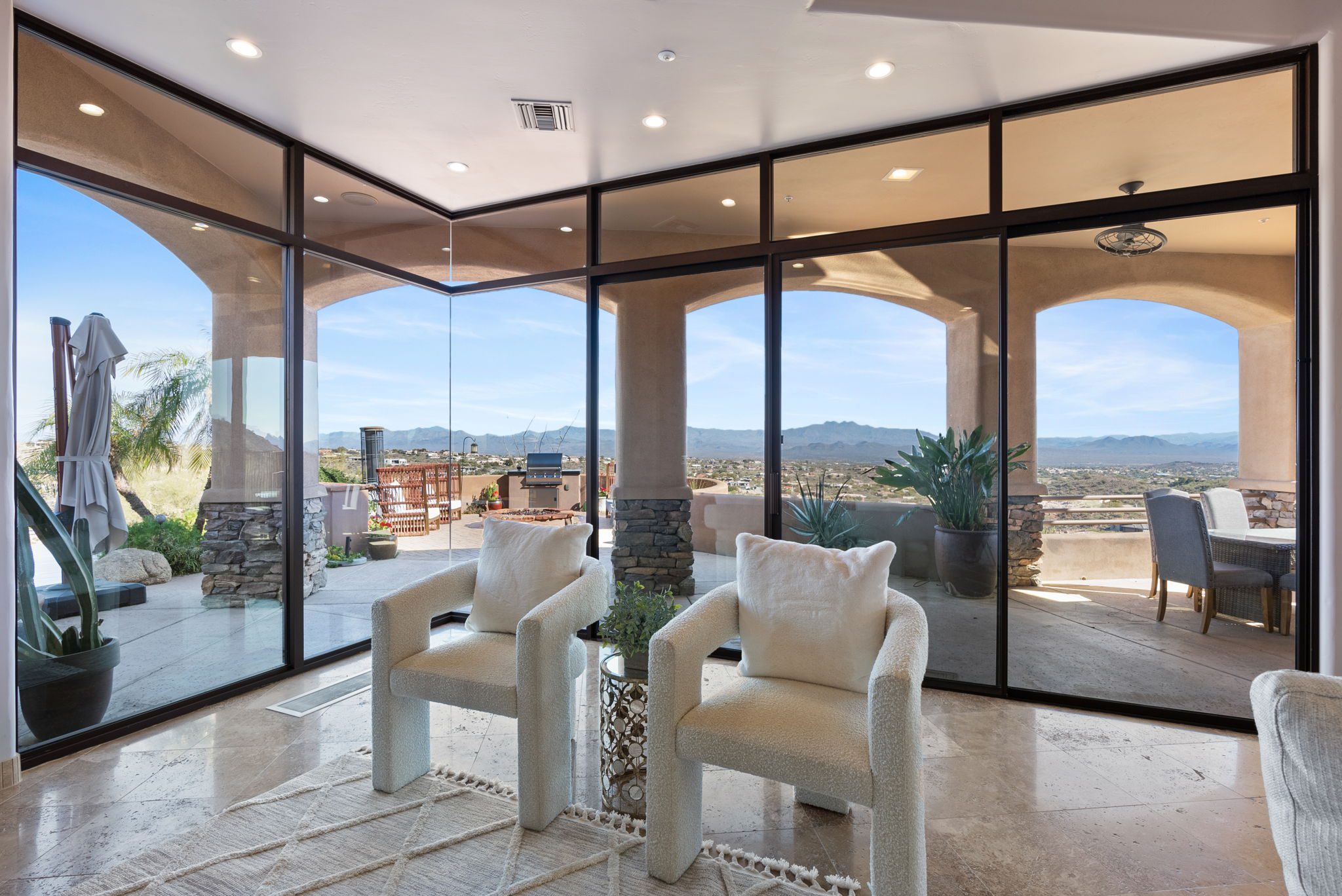 Home staging in luxury living room with high ceilings